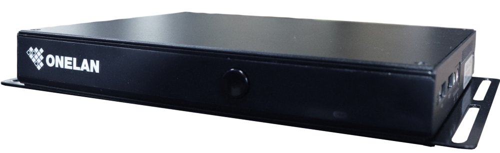 Black ONELAN player, front view with controls.