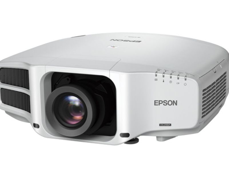 Frontal view of white projector from Epson's G series for use in large venues