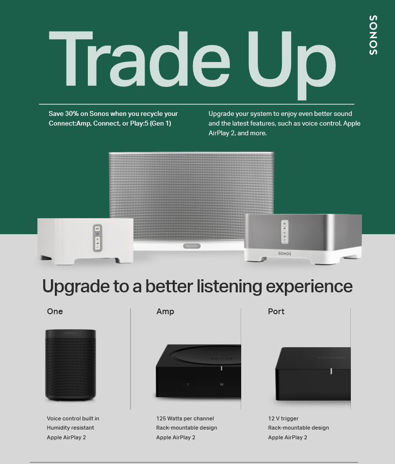 Sonos NZ poster promoting their 30% trade up deal, available from Vision Dunedin. Poster shows Gen 2 models of the Sonos Amp, Sonos Port, Sonos Play:5 Gen2, and Sonos Move.