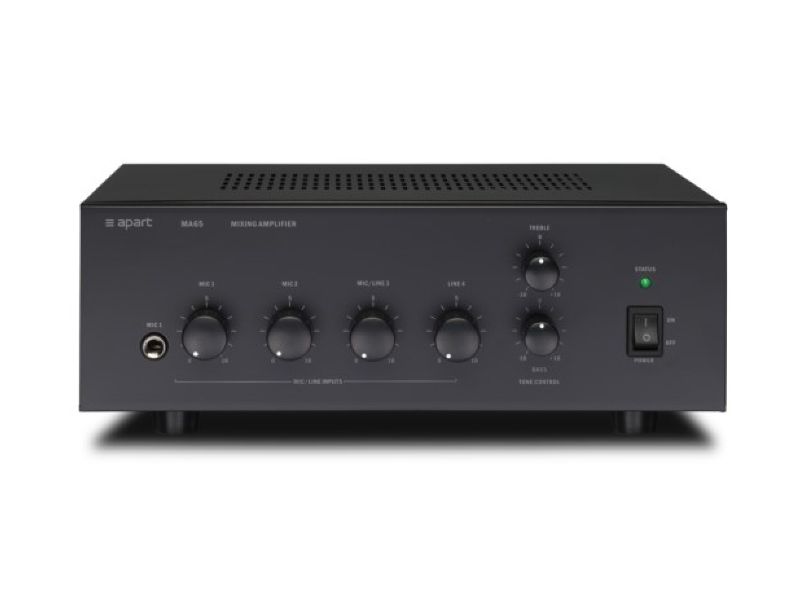 Frontal view of a black mixer amplifier Vision often use in hospitality settings