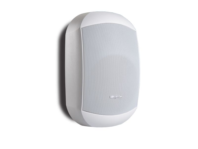 Frontal view of white surface mount speaker from the MASK series