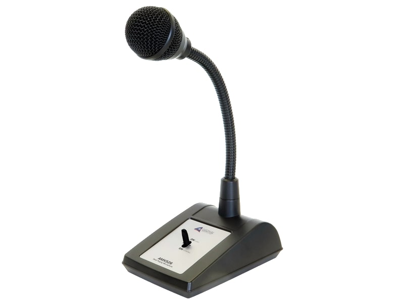 Black desktop microphone by Australian Monitor, used in commercial settings like retail stores