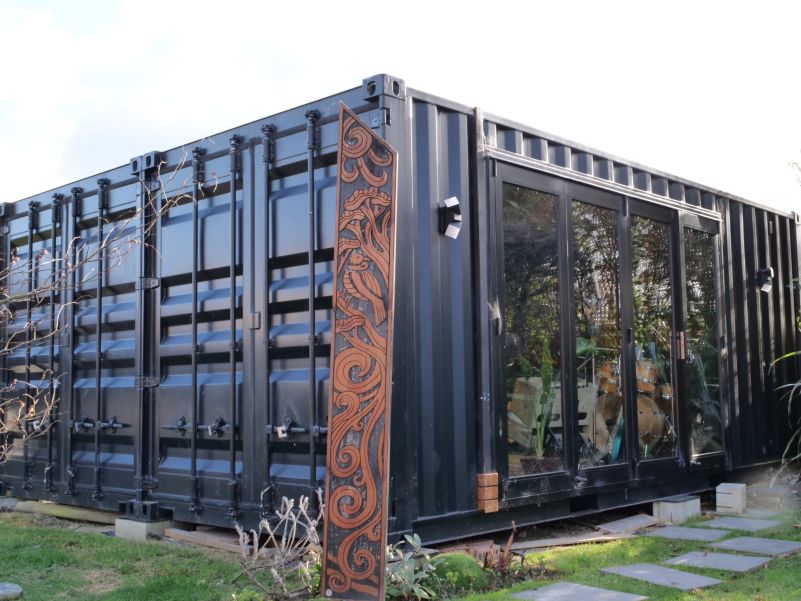Exterior of the shipping container that is home to Studio Breesy in Kaikorai Valley, Dunedin