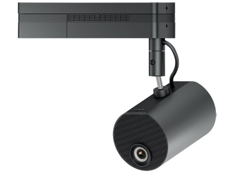 Black projector specially designed for digital signage, to be installed on a lighting rail