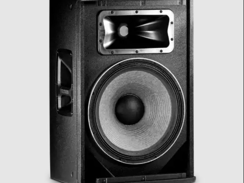 Frontal view of black professional JBL speaker standing up, with speaker grille removed