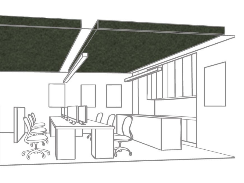 Black and white sketch drawing of a meeting room or office with acoustic panels installed on the ceiling