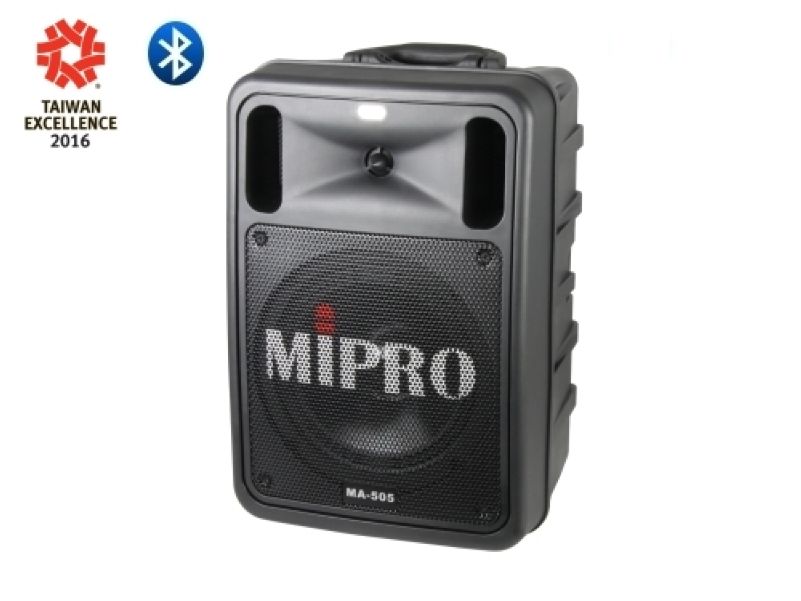 Frontal view of black portable PA system MA 505
