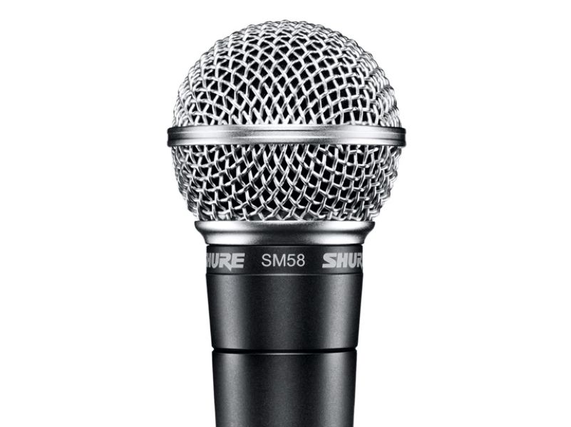 Top half of the Shure SM58 vocal microphone with silver capsule and black body