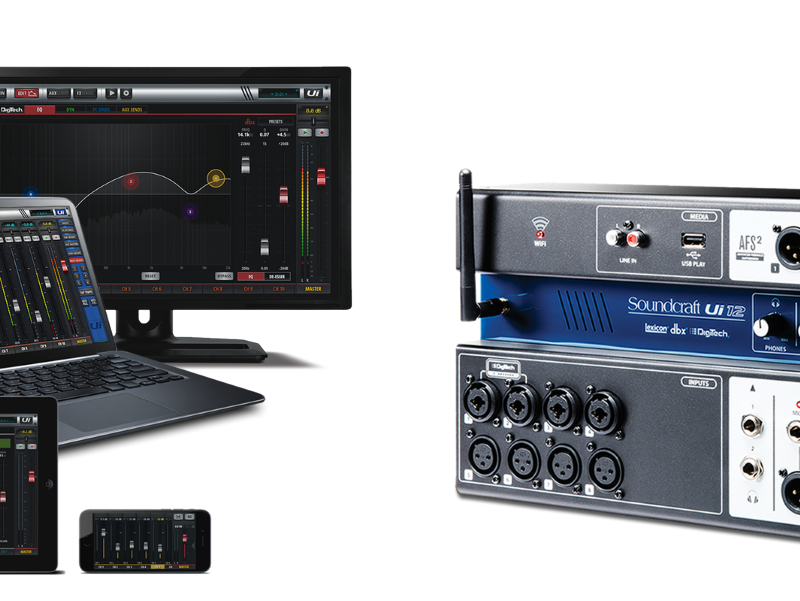 Frontal view of the Soundcraft Ui12 mixer as well as a mobile phone, tablet, laptop and desktop computer showing the Ui12 app