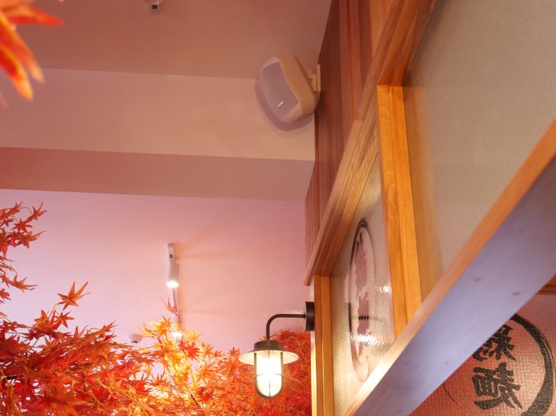 White speaker installed in a ceiling corner at the restaurant with maple tree in forefront