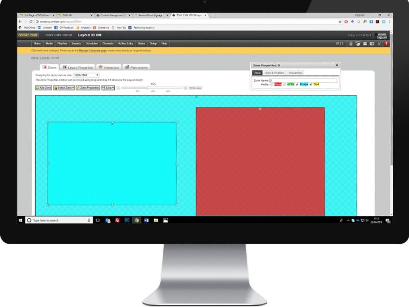 The ONELAN interface to control content on one or more screens, shown on an iMac desktop screen.