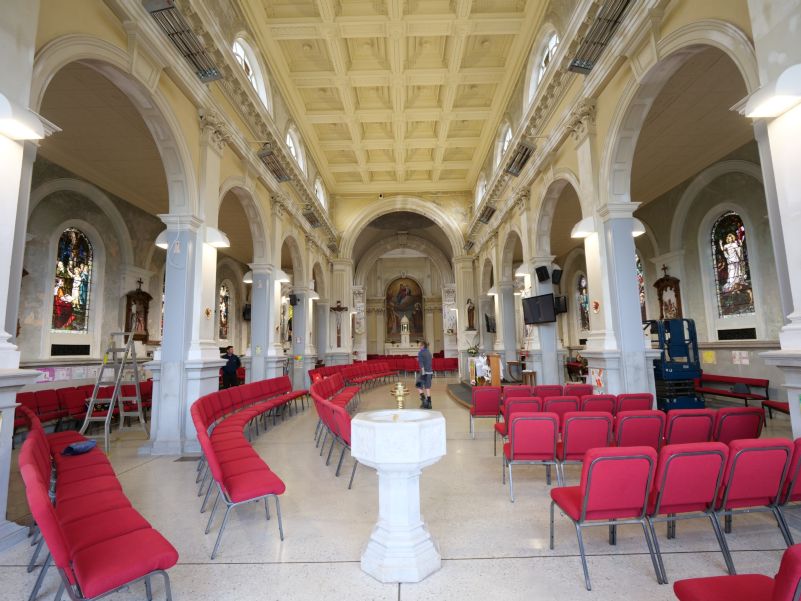 View into the main part of the basilica, with technicians at work