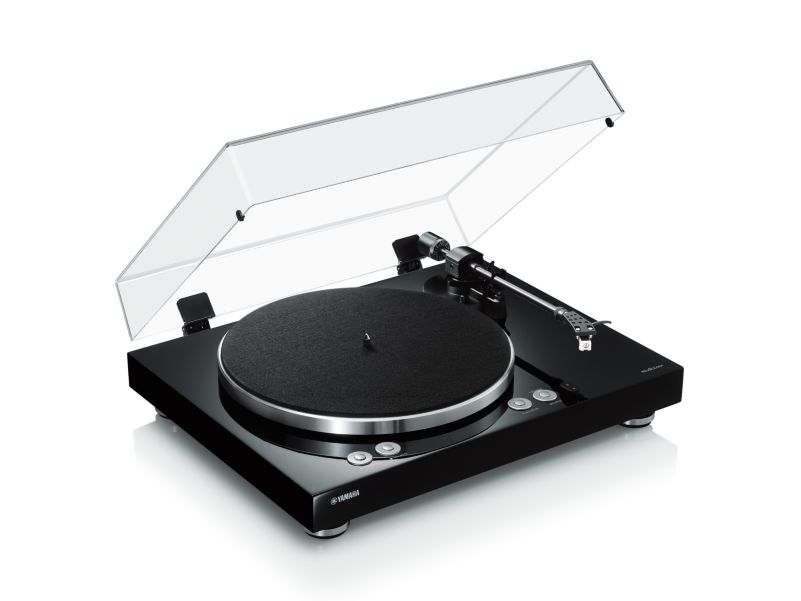 Black turntables with clear cover, with MusicCast capability